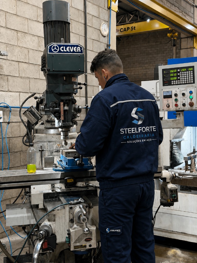 Operador certificado com uniforme SteelForte realizando usinagem em fresadora Clever com ponte rolante de 5 toneladas ao fundo